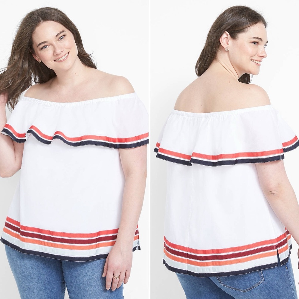 LANE BRYANT Off-The-Shoulder Top Women’s size 18/20, 100% Cotton White w Stripes